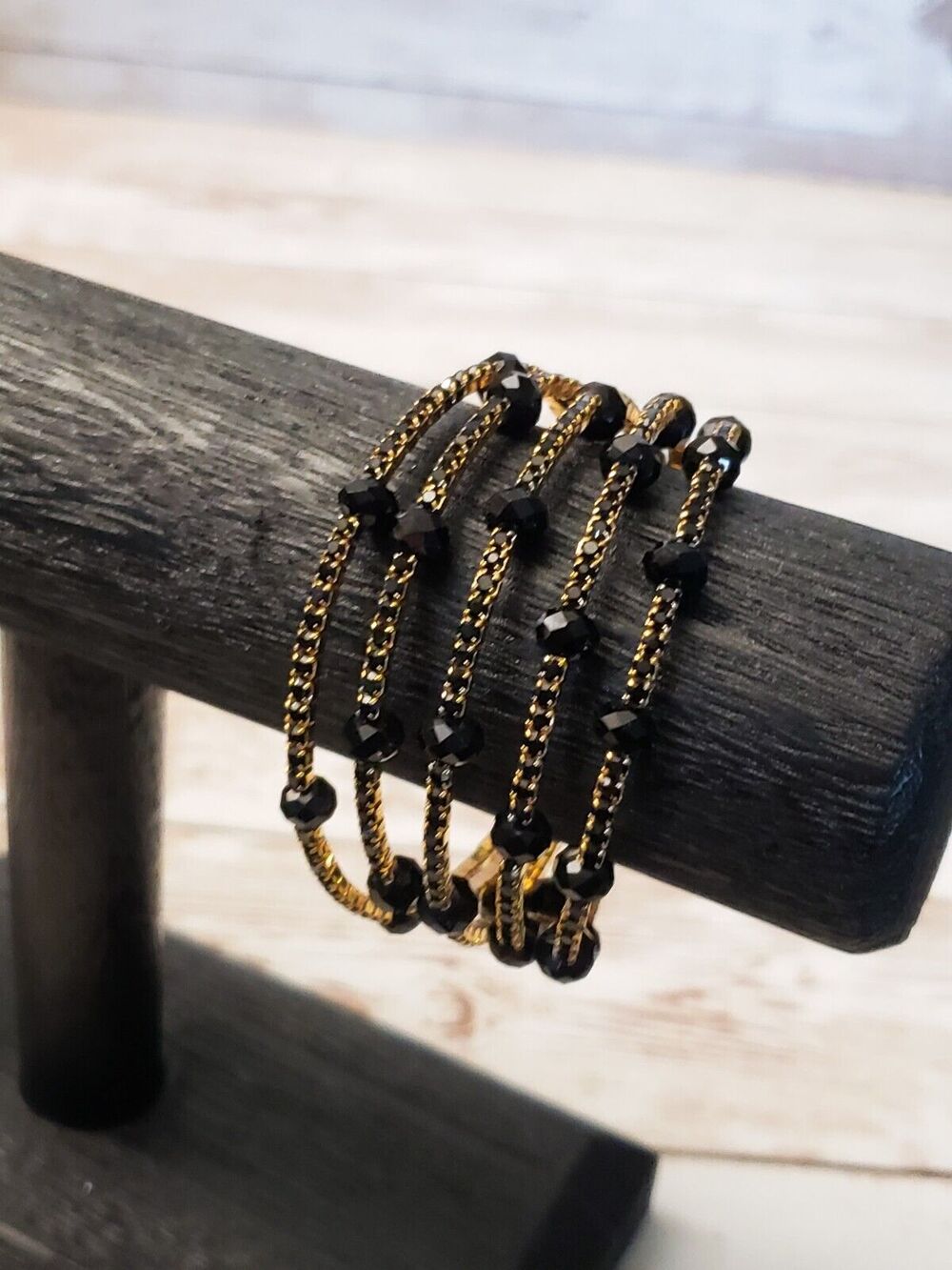 Vintage Cuff Bracelet Gold Tone with Black Gems and Beads